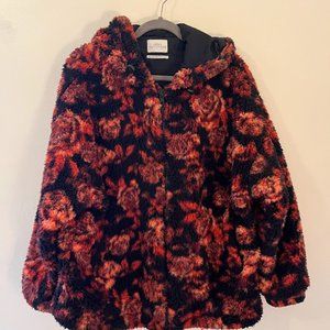 UO Wilma Floral Hooded Zip-Front Teddy Jacket (M)